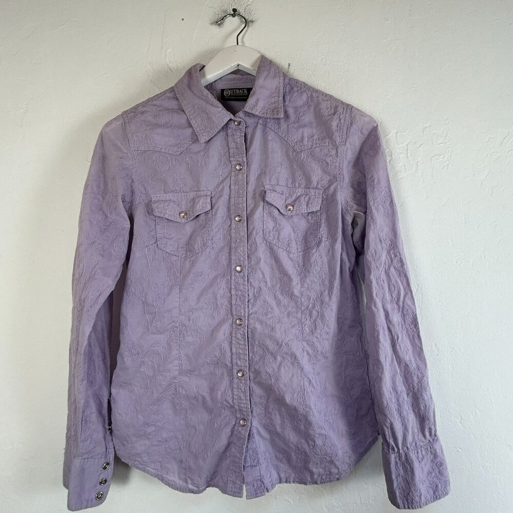 Outback Trading Co. Women's Floral Embroidered Snap Front Blouse Purple Medium